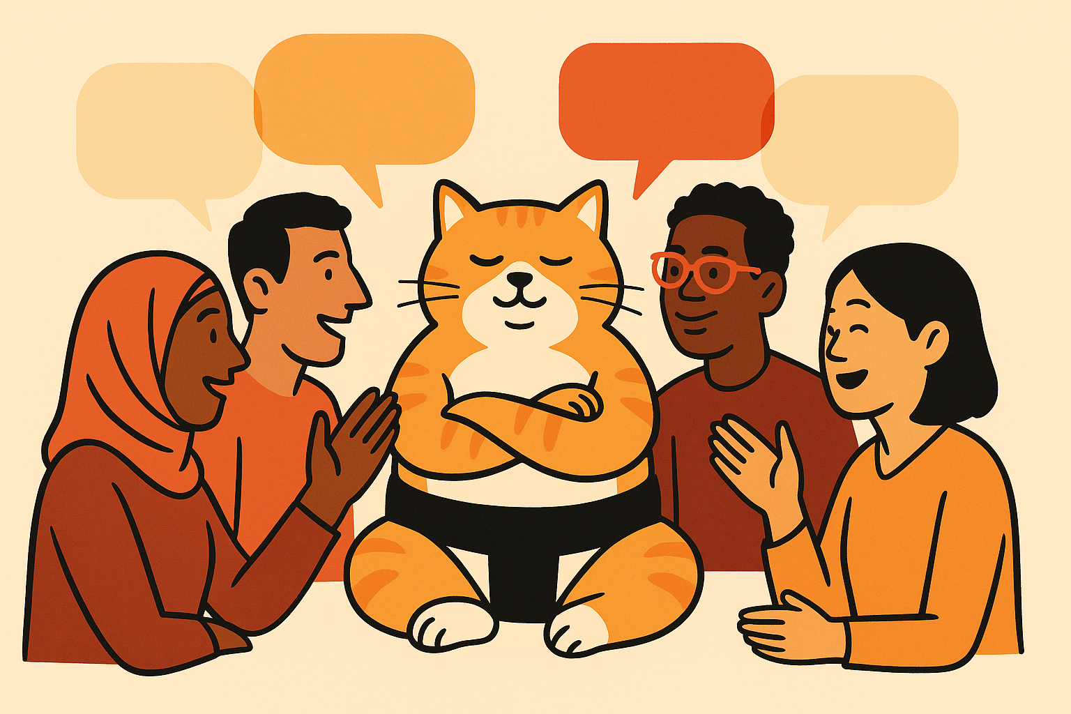 The sumo cat joining a diverse group conversation, representing speech translation.