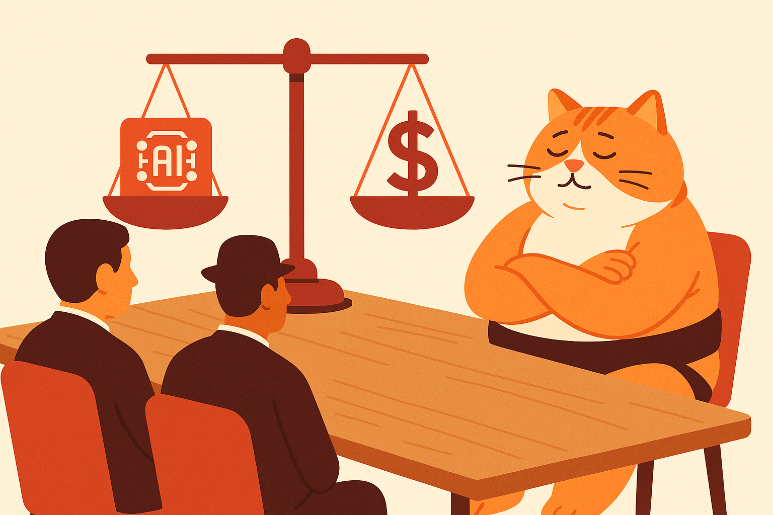 The sumo cat in a boardroom balancing AI regulation and business interests on a scale.