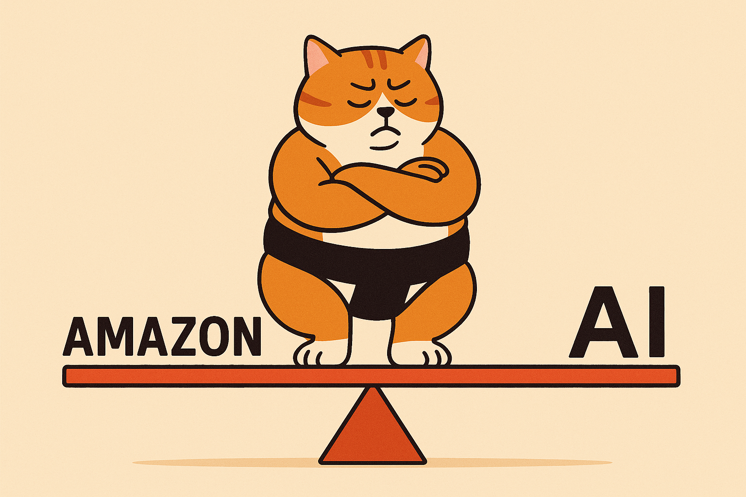 The sumo cat on a seesaw labeled with 'Amazon' and 'AI'.