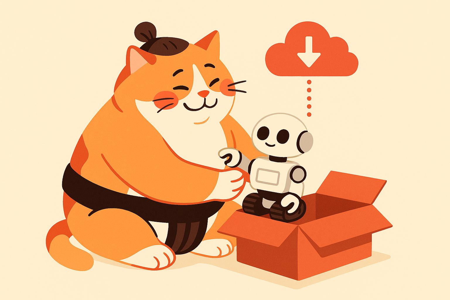 The sumo cat with a small robot, representing cloud-based robot skill updates.