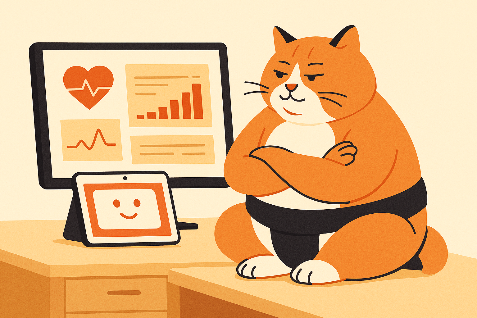 The sumo cat reviewing health charts on a computer, representing Google's AMIE.