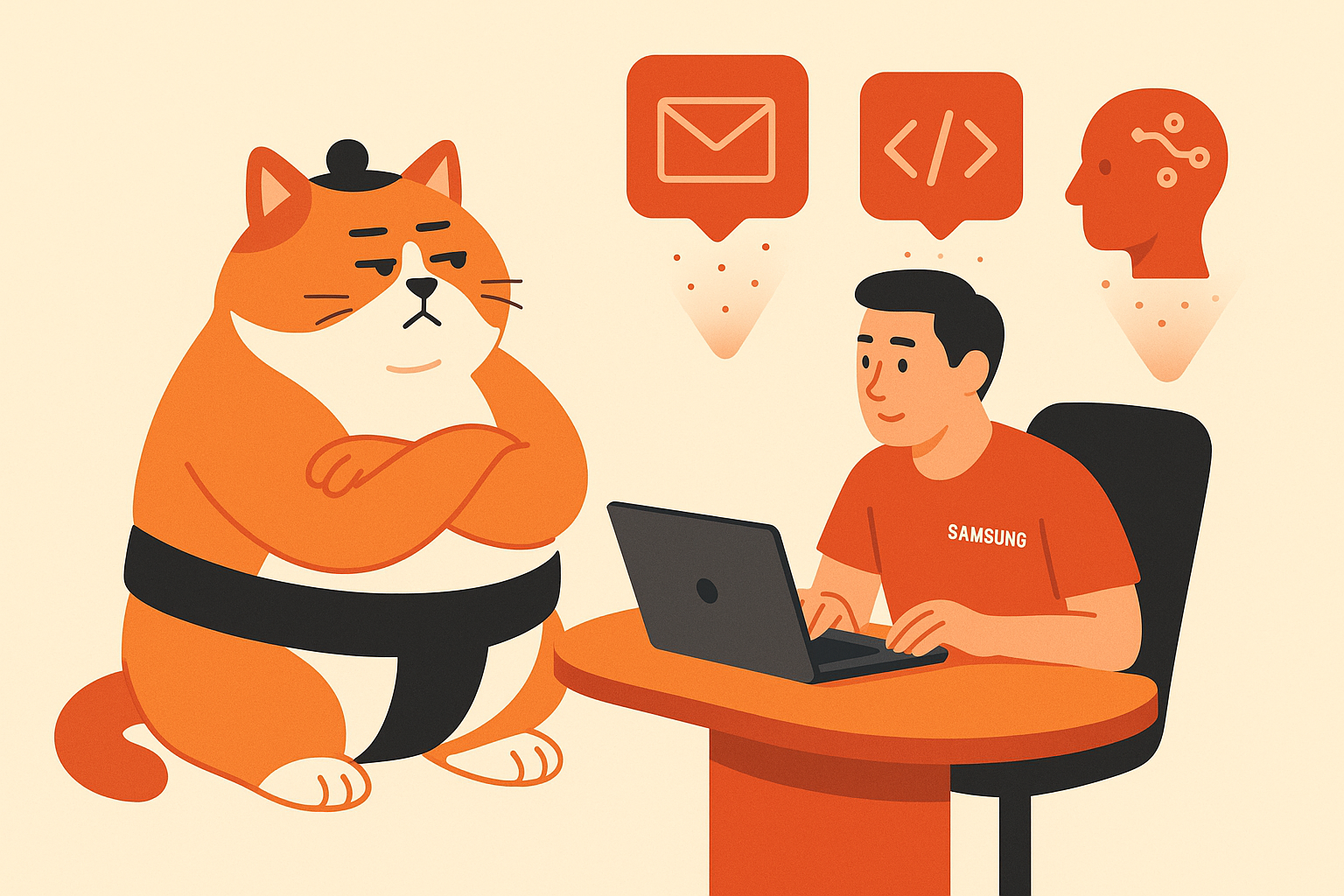 The sumo cat assisting a Samsung employee at a futuristic desk, with AI holograms.