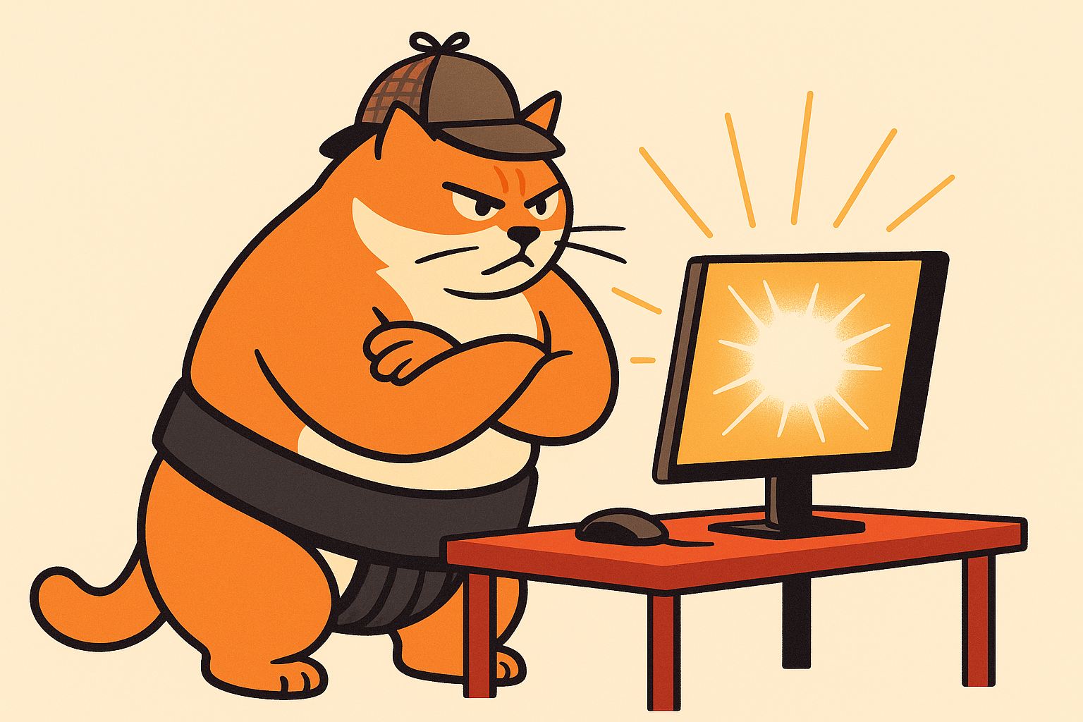 The sumo cat investigating a computer screen, representing AI cybersecurity tools.
