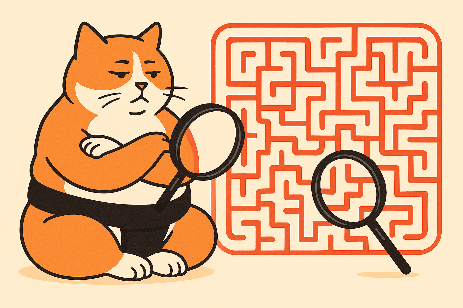 The sumo cat examining a maze with magnifying glasses, symbolizing AI perceiving like humans.