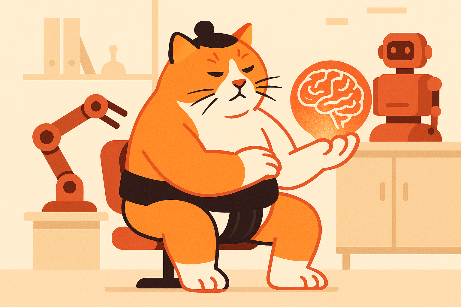 The sumo cat examining a brain model, representing the unified AI model for robots.