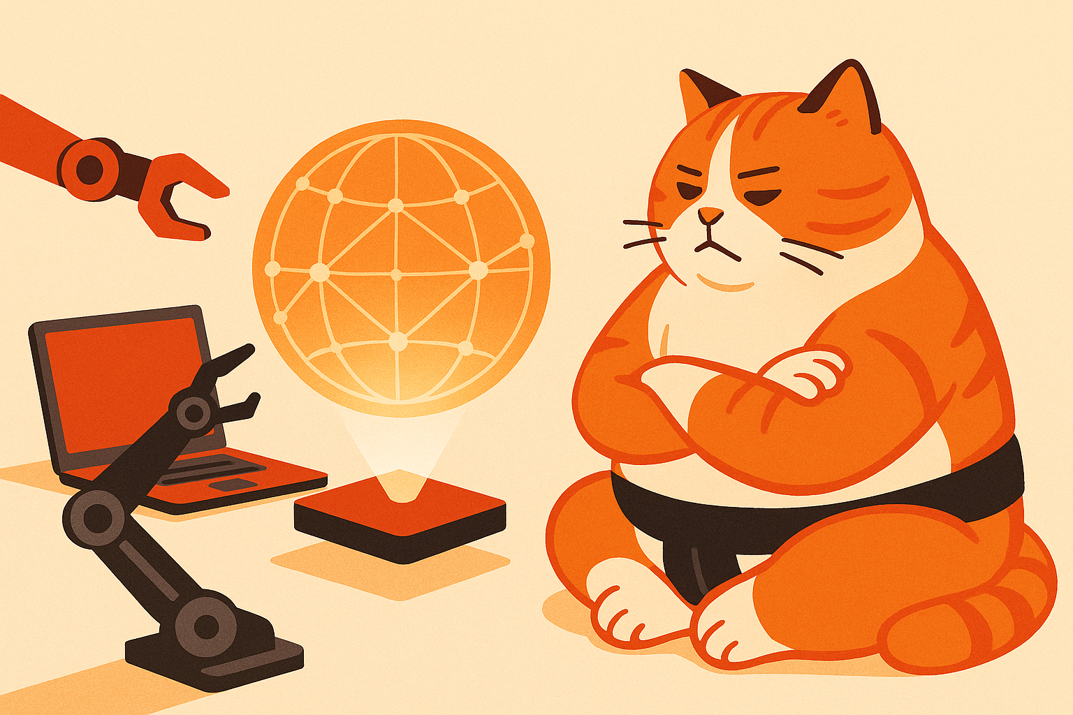 The sumo cat examining a holographic globe, representing Cosmos 3 model.