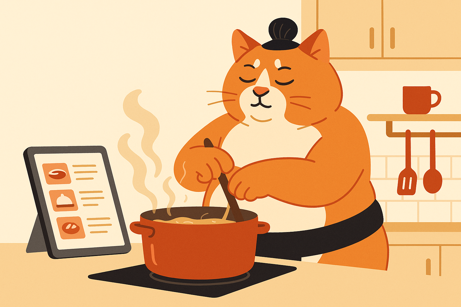 The sumo cat cooking in a kitchen with a digital screen showing recipes.