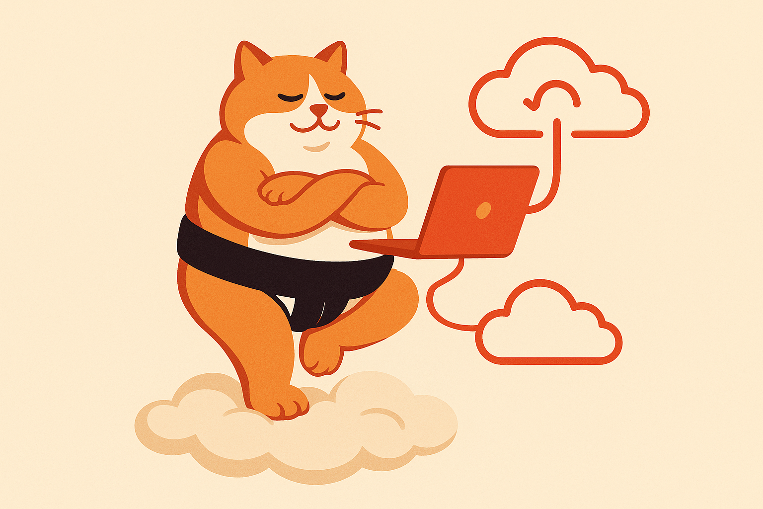 The sumo cat balancing on a cloud holding a laptop, representing zero-egress storage.