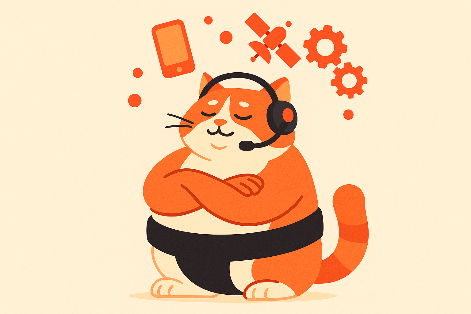 The sumo cat wearing a headset and juggling technology icons, representing AI in telecom.