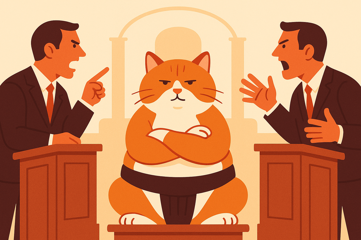 The sumo cat in a courtroom, observing a debate between two lawyers.