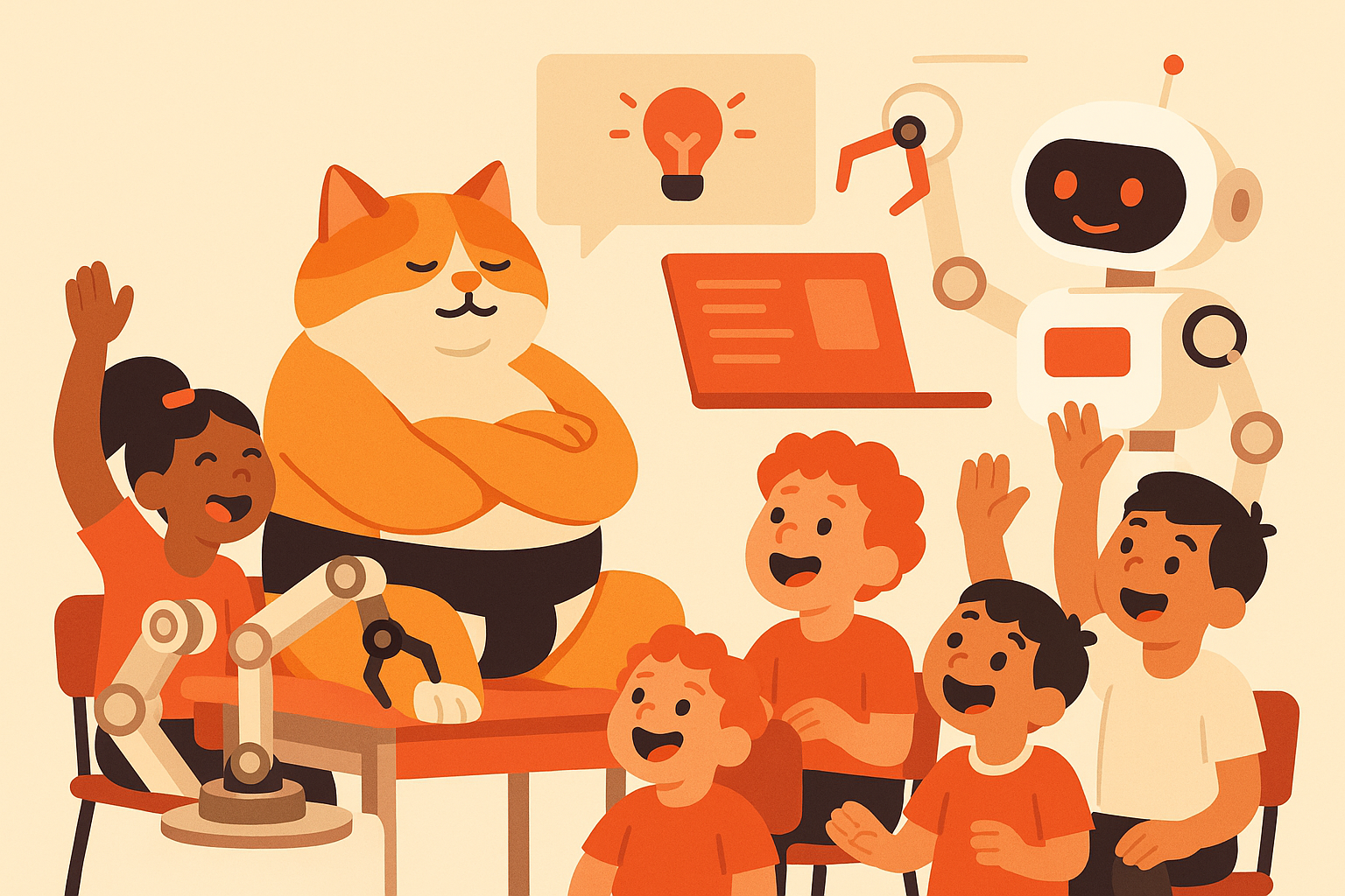 The sumo cat at a classroom desk with children and robotics tools.