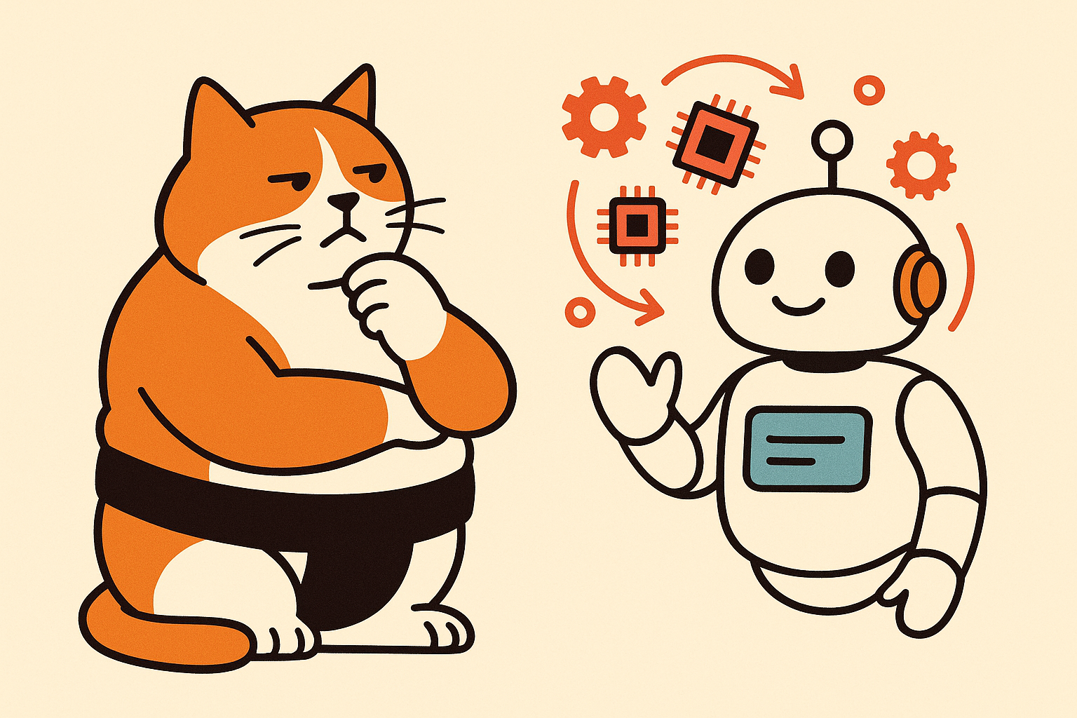 The sumo cat with a robotic AI assistant swirling with gears and memory chips.