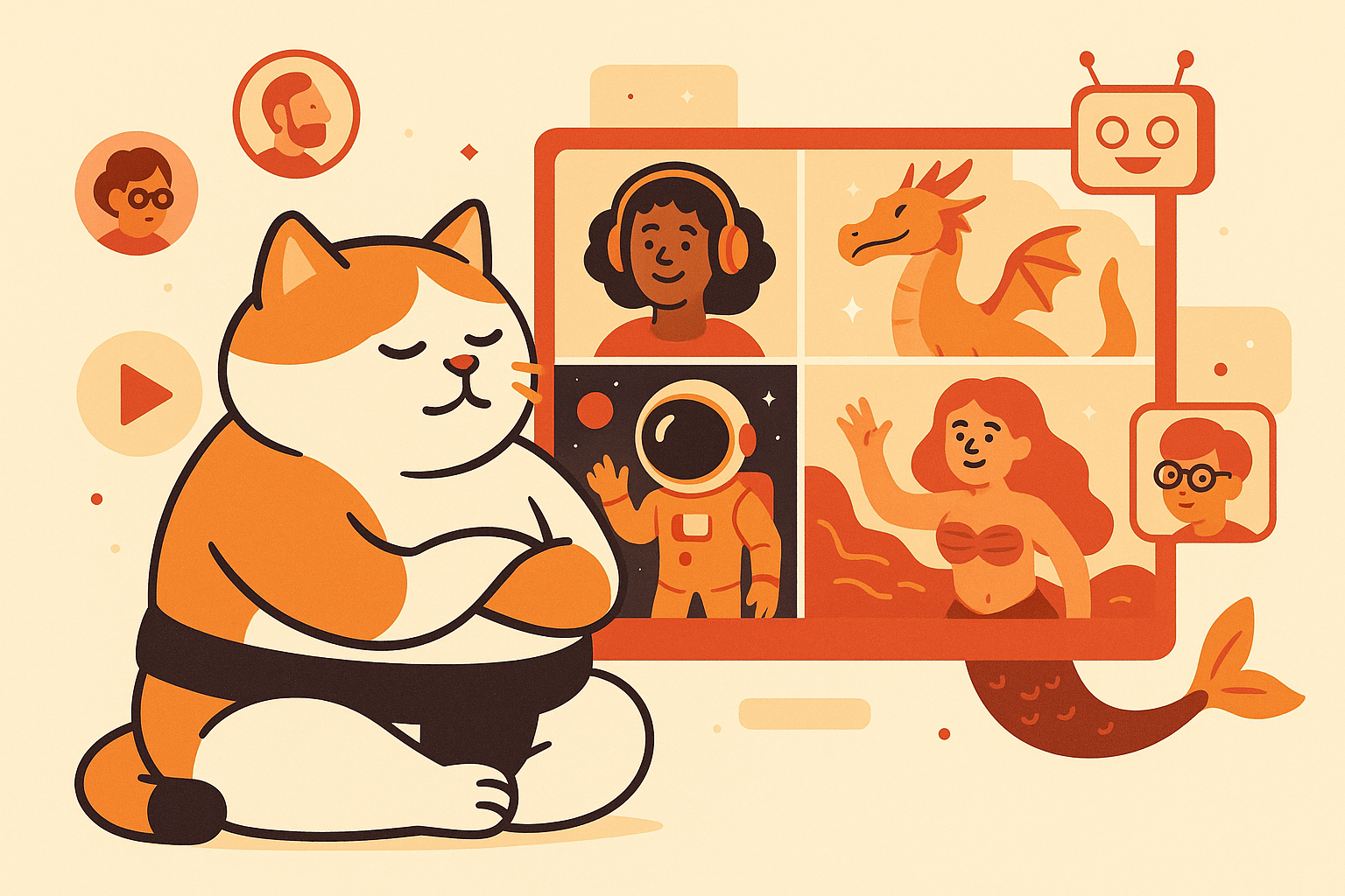 The sumo cat starring in an AI-generated video, surrounded by digital avatars.
