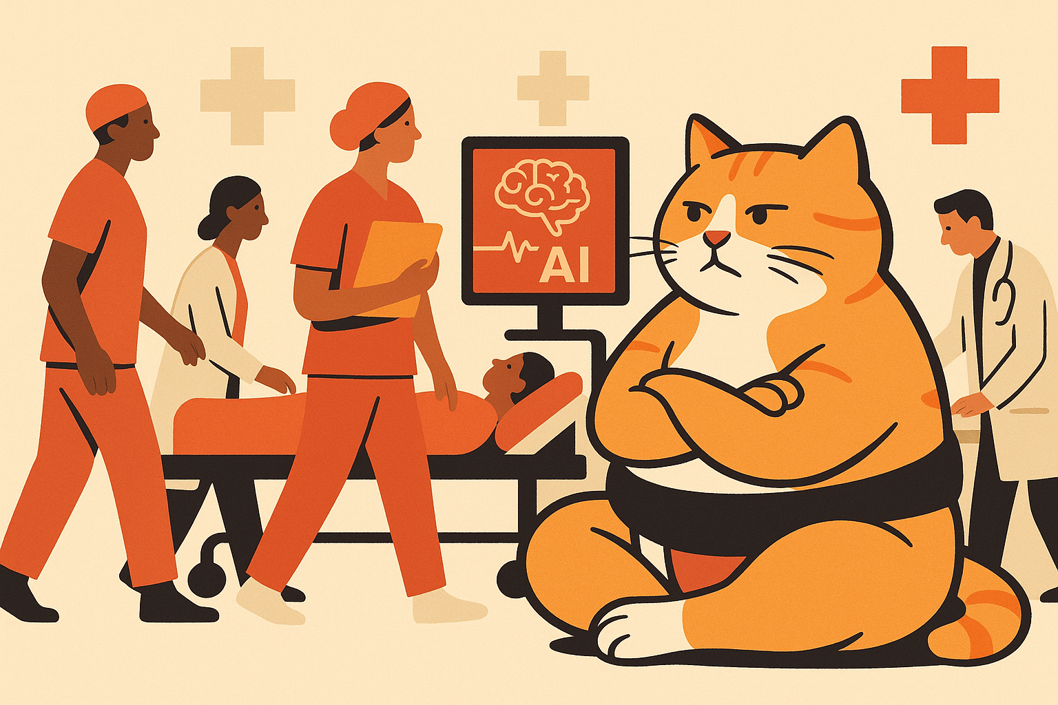 The sumo cat observing hospital staff and AI monitors in action.