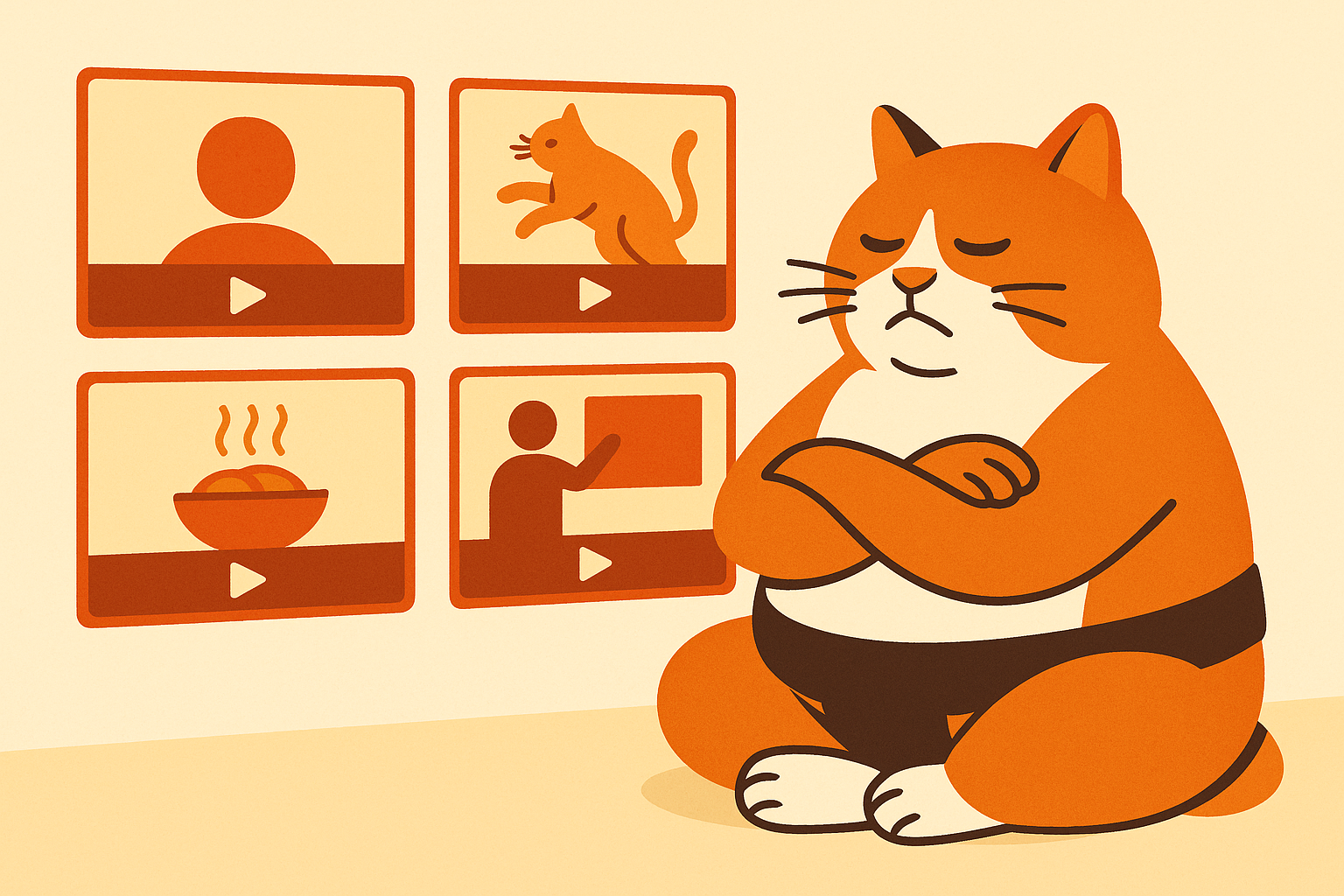 The sumo cat watching multiple video screens, representing a new video AI model.
