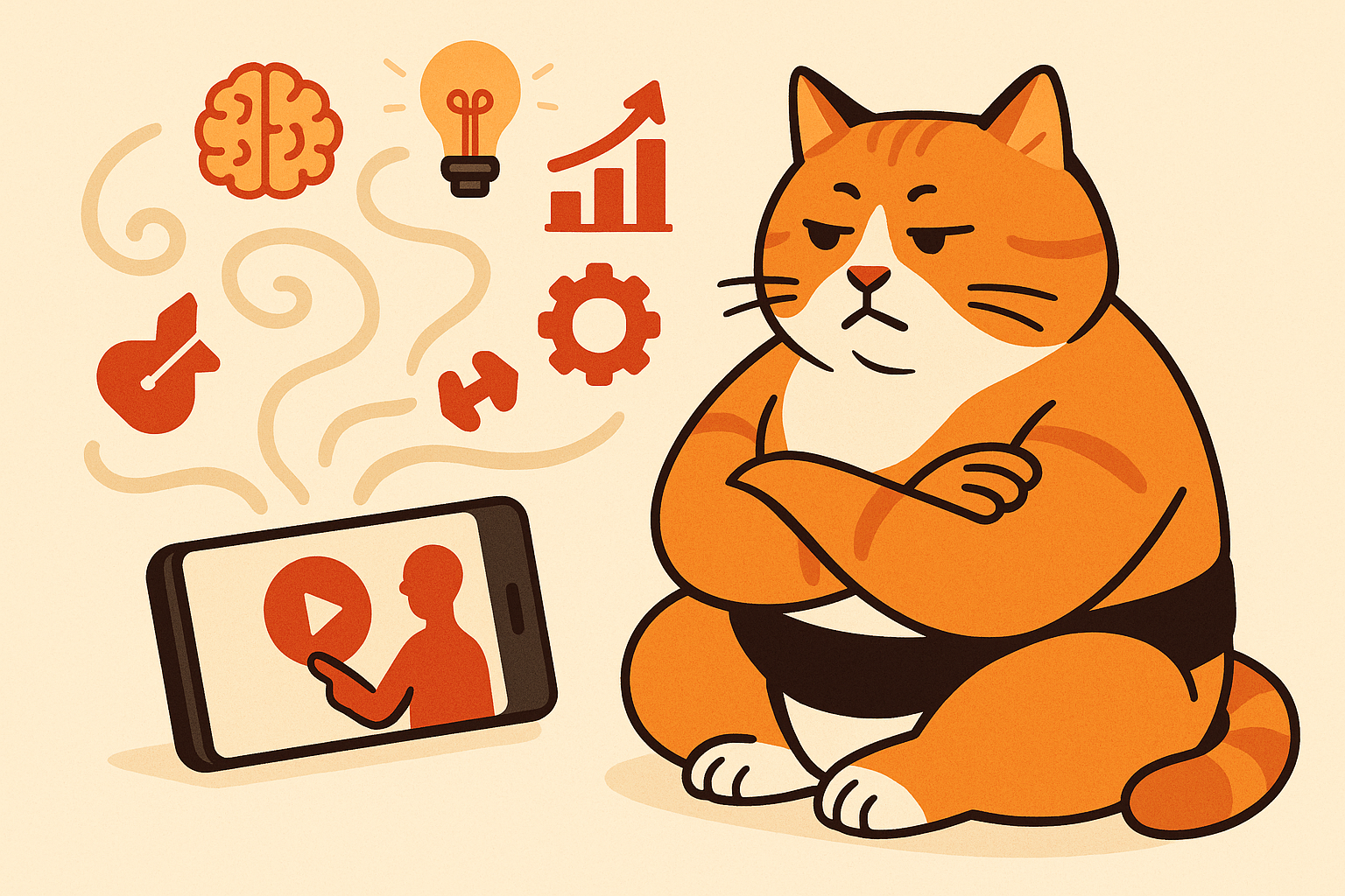 The sumo cat watching a video, symbols representing skills swirling around.