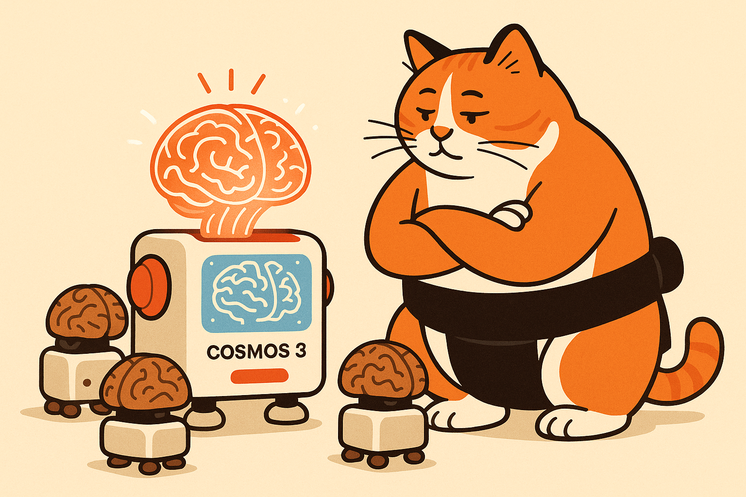 The sumo cat examining a robot brain labeled Cosmos 3, with older robot brains nearby.