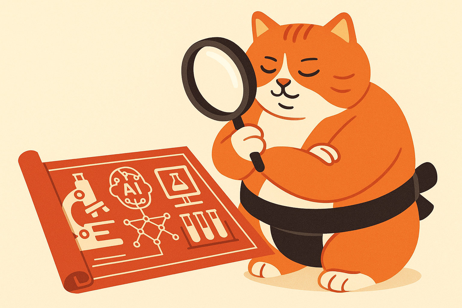 The sumo cat with a magnifying glass examining a lab blueprint, symbolizing AI in science.