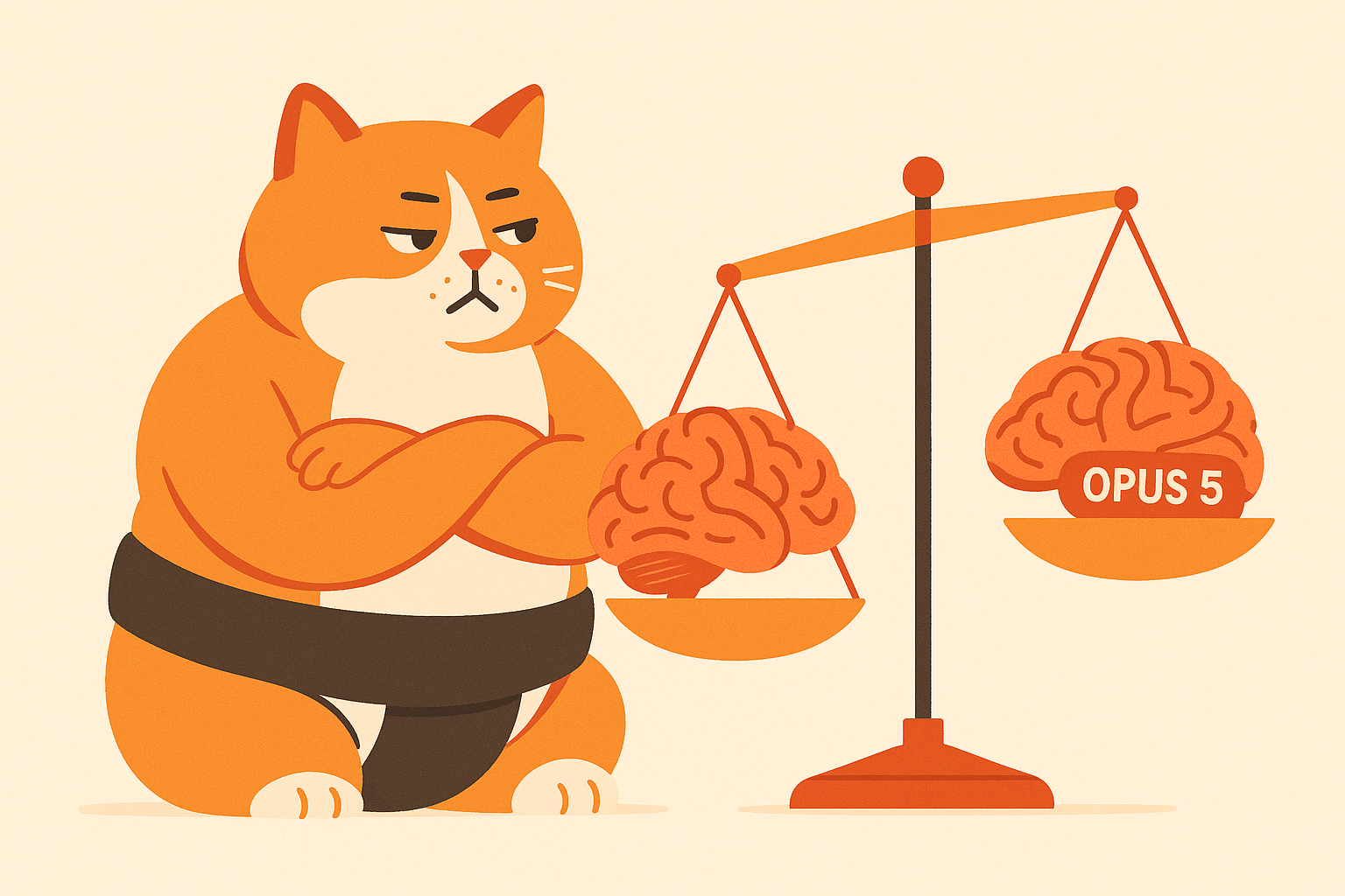 The Sumo Cat examining two AI brains on a scale, with 'Opus 5' weighing lighter.