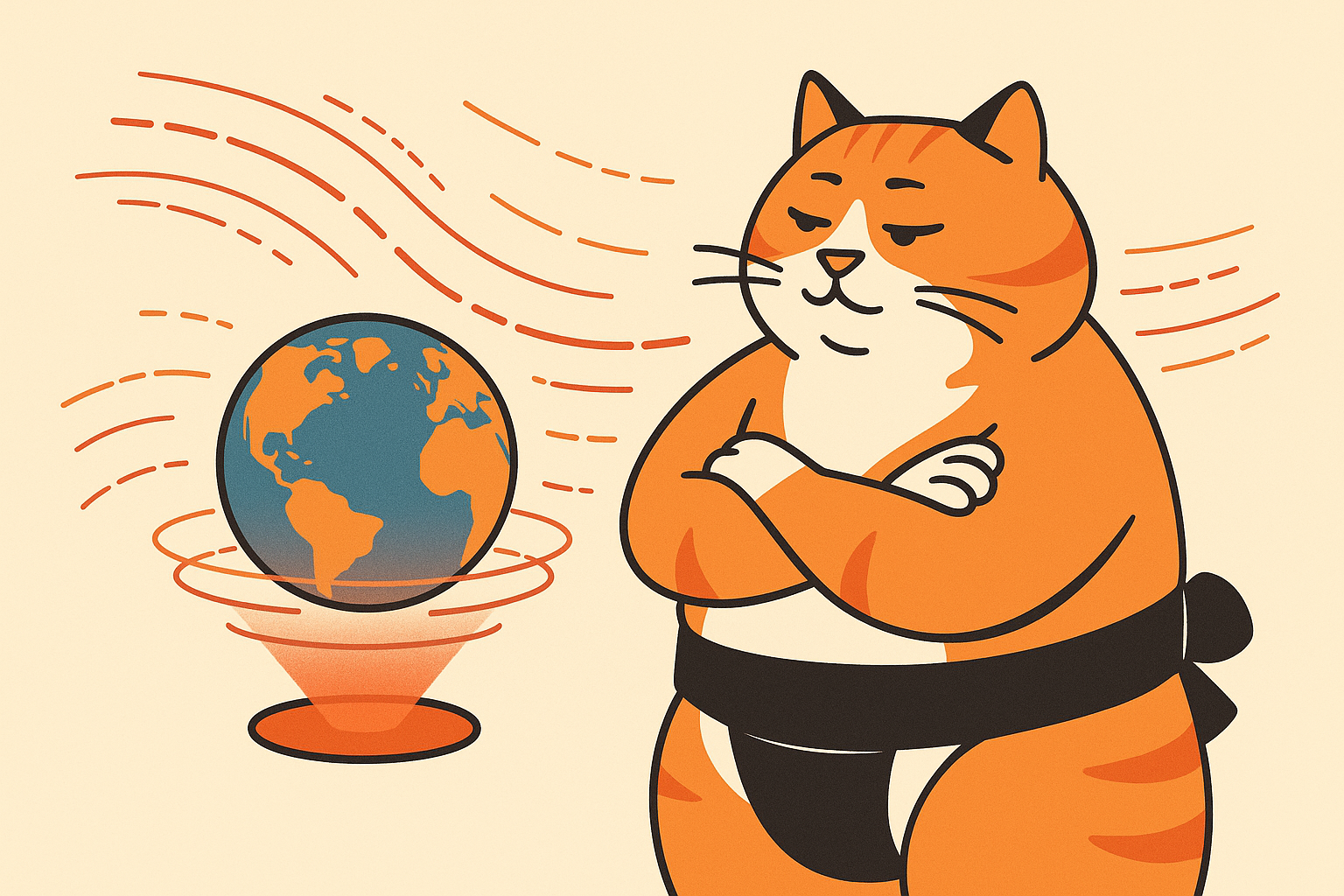 The sumo cat looking at a holographic globe with data streams, symbolizing geospatial mapping.
